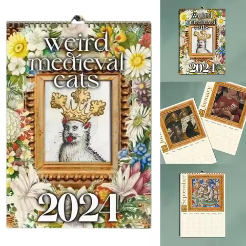 2024 Weird Medieval Cats Calendar Funny Kitten Calendar Aesthetic Cats Wall Calendar Practical 11.4x