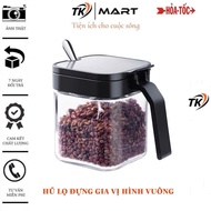 Combo of 3 [New model] Square glass spice jar with handle, self-opening lid, comes with a convenient
