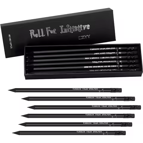 DND Pencils Set of 12 - Silver Foil Stamped with RPG Slogans & D6 Dice Numbers - Hexagon 2HB Tableto