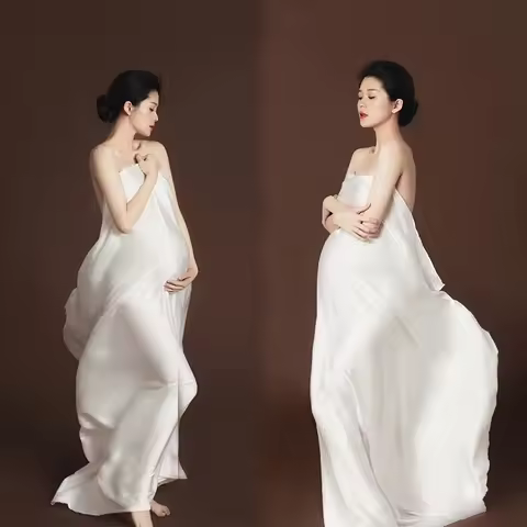 White Maternity Photography Props Maxi Maternity Gown Silk Cloth Maternity Dress Elegant Satin Shoot