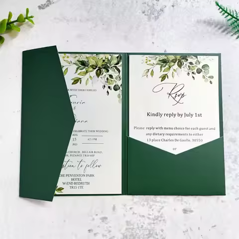 Green Wedding Invitations Pocket Envelopes, Quinceanera Sweet Sixteen Customized Printing Invitation