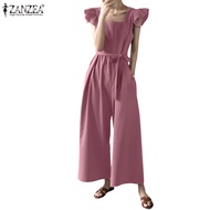 ZANZEA Women Korean Style Fashion Casual  Square Neck Sleeveless Ruffle Cuff Long Jumpsuit