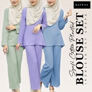 QAYRAA Syafi Cotton Pleated Ironless Blouse Set - Size 36-52/Black/Green/Blue/Pink/DustyRose/Maroon/