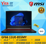 MSI GF66 11UE-855MY 15.6 FHD Gaming Laptop ( I7-11800H 16GB 512GB SSD RTX3060 6GB W11H  2YW ) Free B