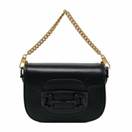 GUCCI Horsebit 1955 迷你 黑色牛皮條紋織帶馬銜扣單肩包 黑色五金 2條可拆卸肩帶 9.8新