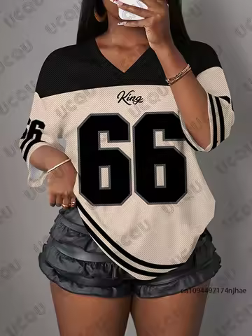Summer New Letter King 66 Print T-Shirt For Women V-Neck Patchwork Short Sleeve Sports Football Jers