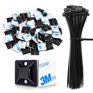 50 Sets Cable Zip Tie Mounts Kit with Self Adhesive 3/4" Wire Holder Squares, Black 6" Zip Ties,Stic