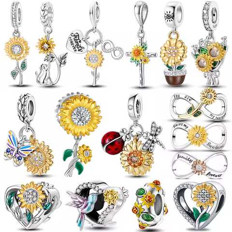 925 Sterling Silver Sunshine Golden Sunflowers Charms Beads Eternal Love Heart Dangle Fit Original B