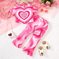 Clothing Set for 4-7Years Baju Baby Kids Girl Short Sleeve O-neck Heart Pattern Flared Pants Early S