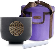 8" C Note 528HZ Flower of Life Black Crystal Singing Bowl Frosted Quartz Root Base Chakra Meditation