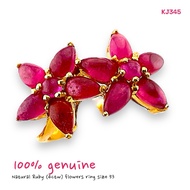 KJ345 Clear Glass Ruby Ring Two Flowers Size 53 (US=6.25)
