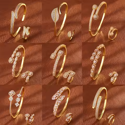 ZAKOL 9 Styles Golden Open Bracelet Ring Jewelry Set Geometric Shiny Zircon 18K Gold Plated Middle E