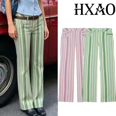 HXAO Green Purple Jeans Pants Female Summer Rainbow Striped Pants Low Rise Denim Wide Pants Woman Va