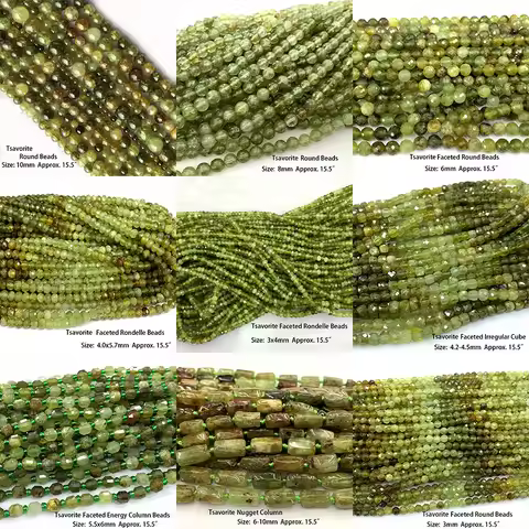 Veemake Natural Tsavorite Green Garnet Faceted Round Rondelle Edge Cube Coin Disc Beads For Jewelry