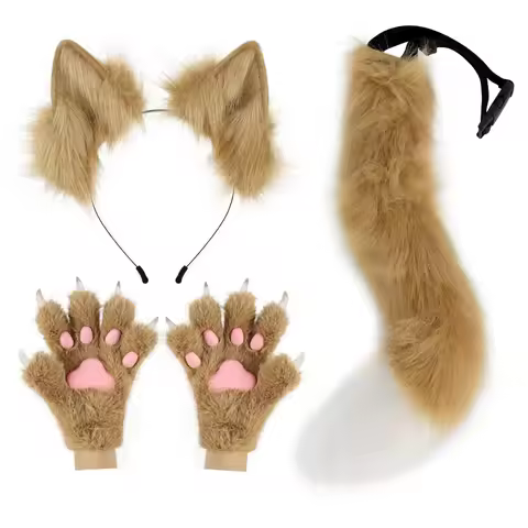 ‌Fleece Fox Ears Headband Tail Paw Set Animal Cosplay Costume Furry Accessories Halloween Party Role