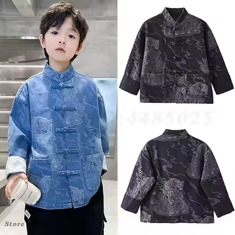 Boys Chinese Tang Costume Child Hanfu Coat Tradition New Chinese Style Jacket Button Down Qipao Top 
