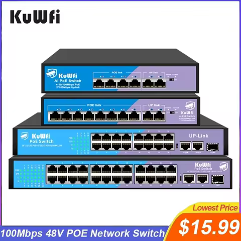 KuWfi POE Switch 4/8/16/24 Port 100M POE Ethernet Smart Switch Fast RJ45 Hub Network Switch with SFP