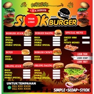 STIKER MENU BURGER/BACKGROUND COLORFUL, API/BURGER CRISPY/OBLONG/WINGS/POTATO WEDGES/HANTAR NAMA BUR