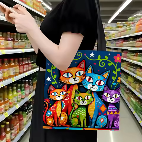 1pc Colorful Folk Art Cats Canvas Tote Bag – Vibrant Mexican Otomi Style Cat Family Print, Eco-Frien