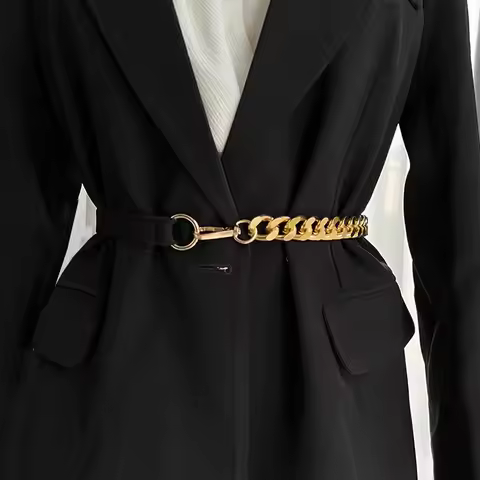 Fashionable Metal Chain Belt Thick Gold/Silver Color Metal Chain Black Elastic Band Belt Woman's Bel