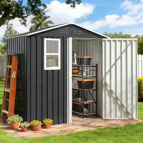 5.9x4 FT Outdoor Storage Shed, Metal Garden Tool Shed with Updated Frame Structure, Lockable Doors a