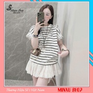 Women's Plaid T-shirt with Lace Sleeves QC Minxu Shop CK94