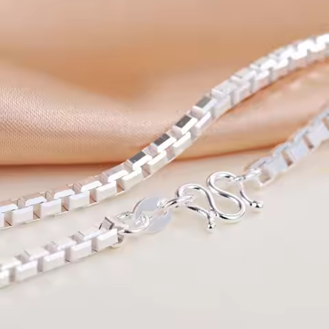 Pure 999 Fine Silver Chain Women Man 3mm Square Box Necklace Link 20inch to 28inch Length