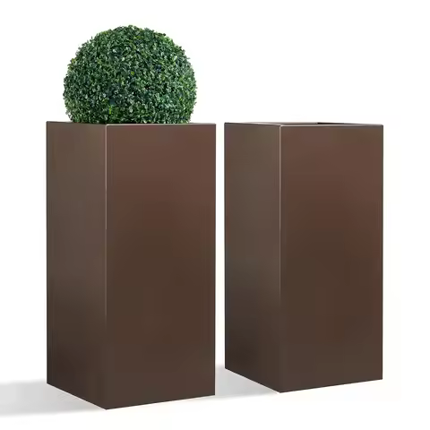 Large Metallic Tall Planter Box Indoor & Outdoor Rectangular Flowerpot 14x14x30in 25lbs 2PC Set, Cus