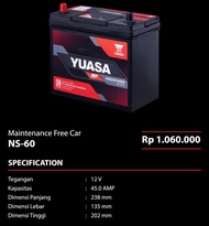 Aki Mobil Yuasa NS60 12V 45Ah Accu Kering MF Gojek Grab