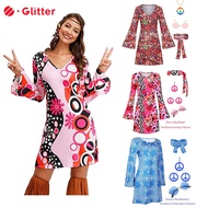 5pcs Set 60s 70s Retro Dress for Women Hippie Disco Costume Accessories Necklace Glasses Earrings Ha