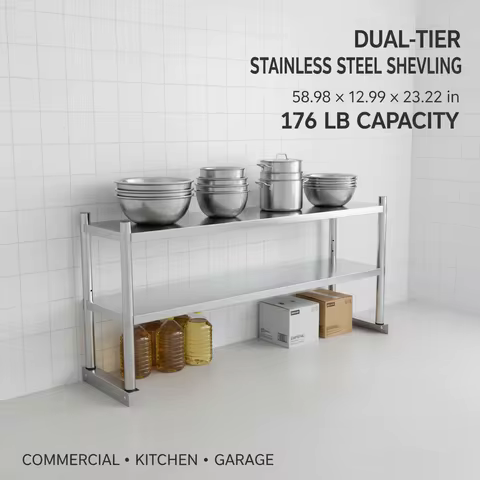2-Tier Stainless Steel Storage Shelf 58.98x12.99in, Heavy Duty Shelving Unit 176 lbs Capacity for Ki