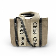 CHLOE 克蘿伊 WOODY MINI 迷你托特包 帆布 米色/深藍色