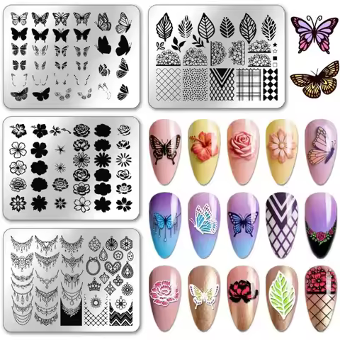 4pcs Butterfly Flower Nail Stamping Plates Necklace Pendant Nails Art Templates Leaf Plants Nail Art