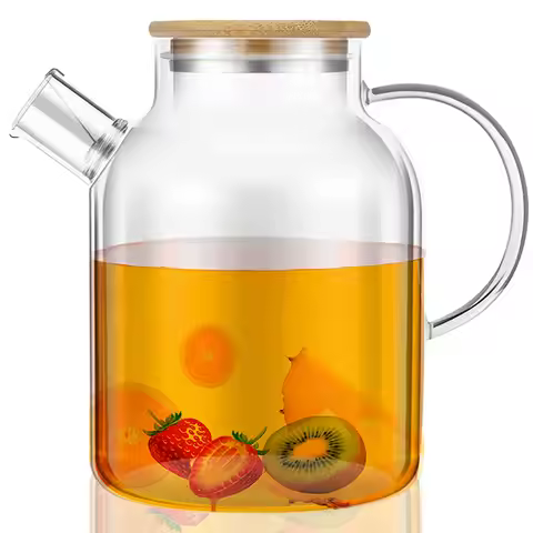 Glass Pitcher with Bamboo Lid 1800ml Glass Water Pitcher Multifunctional Heat Resistant Glass Jug wi