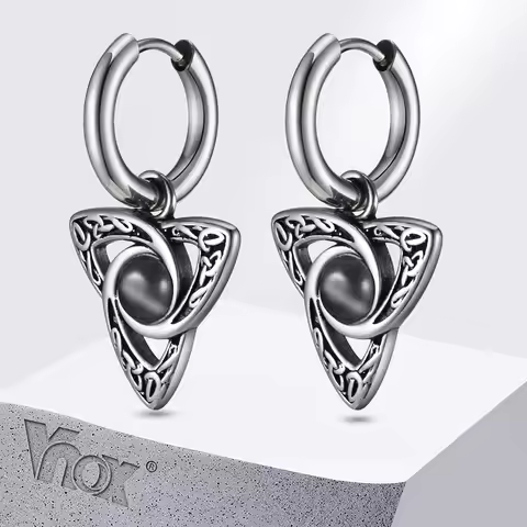 Vnox Retro Celtic Knot Triangle Earrings for Men Women,Black Opal Stone Hoop Earrings,Vintage Stainl