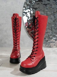 ROMWE Grunge Punk Botas De Suela Gruesa Con Cuña Punk Roja Grande Con Cordones Y Punta Redonda Para Mujer Otoño E Invierno 2024