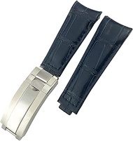 GANYUU Curved End Genuine Leather 20mm Slide Lock Buckle Watchband for Rolex GMT Submariner Hulk Oyster Watch Strap (Color : Dark blue, Size : 20mm RLX)