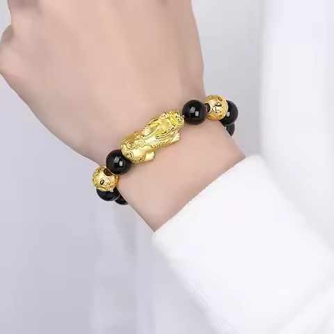 Gold AU999 Pixiu Bracelet for Men and Women 3D Hard Transfer Beads Obsidian Pure 24K Gift Dad Access