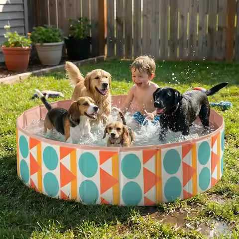 Durable Large Dog Pool - 63 Portable Plastic Pet Swimming Pool with Non-Slip Bottom for Summer Fun
