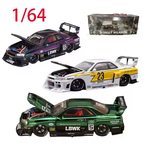 SW Diecast 1/64Scale Nissan GTR ER34 Skyline R34 LBWK Shadow Simulation Alloy Car Model Play Vehicle