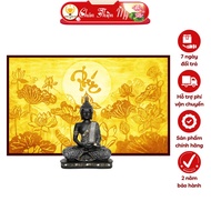 Lotus Altar Lamp with Blessed Words Printed Horizontal Bamboo Painting TRUTH THIEN BEAUTY, Hanging P