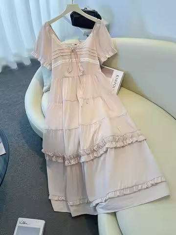 150Kg Plus Size Women's Bust 132-160 Summer Loose Sweet Gentle Style Short Sleeved U-Neck Waist Dres