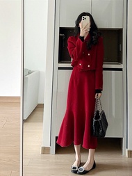 Bộ Váy Đỏ Mùa Đông Cho Nữ Cỡ Lớn Thanh Lịch Áo Khoác Ngoài Và Váy Đuôi Cá Bộ Trang Phục Công Sở Phon