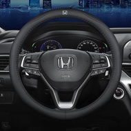 Honda Leather Breathable Car Steering Wheel Cover (Black Lining) Logo Accessories 38cm for Accord City Civic Brio CRV HRV Jazz GK5 Odyssey Vezel Stream CRZ Jade Mobilio URV Greiz Fit Freed