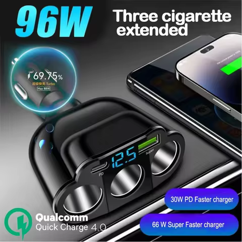 96W Car Cigarette Lighter Triple Port USB PD QC3.0 Type C Phone Super Fast Charger 12V 24V Universal