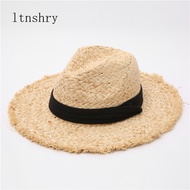 2021 New Raffia hat Panama Straw Hat Summer Black ribbon Women Men Wide Brim Beach Sun Cap UV Protection Jazz Fedora Hat