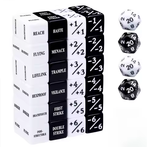 52 Pieces MTG Keywords Counter Dice and Life Counter Tokens Dice Set in Black and White with 4 D20 f