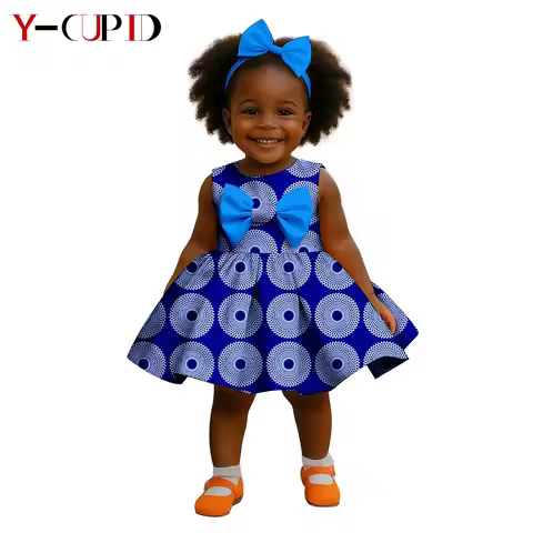 African Cotton Clothes Print Bowtie Dresses Match Headtie for Baby Girls Dashiki Kid Ankara Outfits 