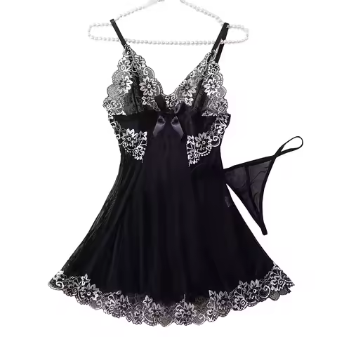 Black Lingerie Women Underwear Sleepwear Lace Nightdress And Thongs Pijamas Sets Female Nighty