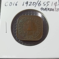 1920/6 Overdate Straits Settlement 1 cents Square RARE Copper Coin Duit Syiling Petak lama C016